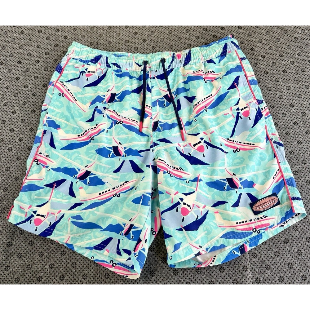 Vineyard Vines Swim Trunks Mens Small Blue Airplane Print Mesh Lined Drawstring - Picture 2 of 7